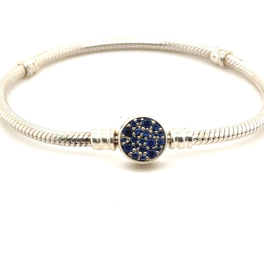 Pandora Moments Sterling Silver Snake Chain Bracelet Blue Pavé Clasp 6.75in - Picture 2 of 5